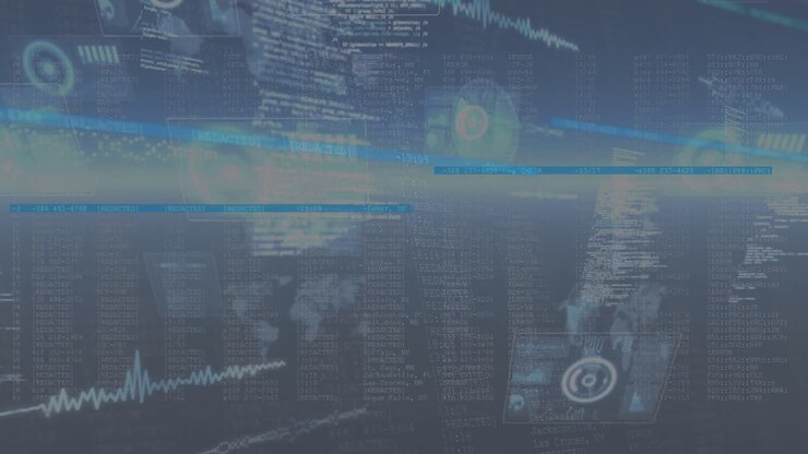 Animation of glowing interface screens with information,light and text moving over dark background