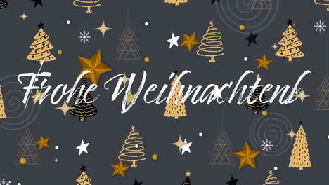 frohe weihnachten text over festive christmas trees and stars animation