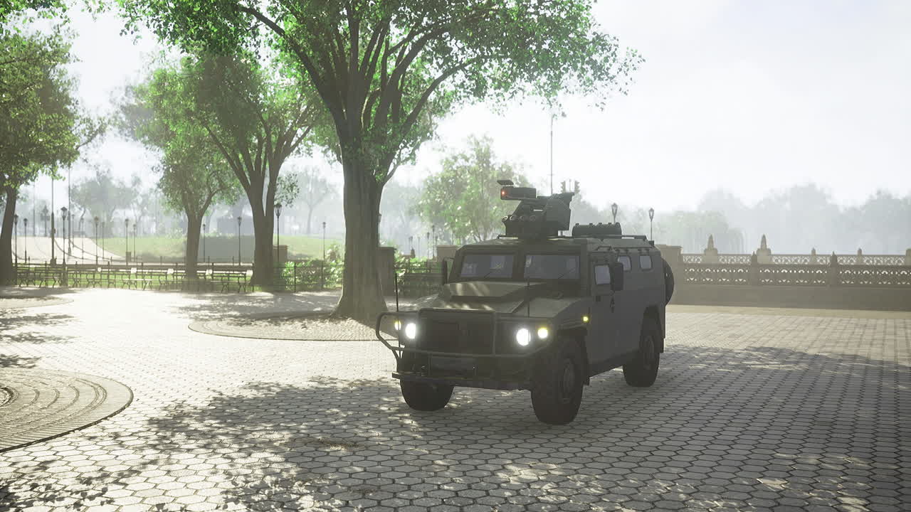 Military vehicle parked in a serene park during a bright sunny day