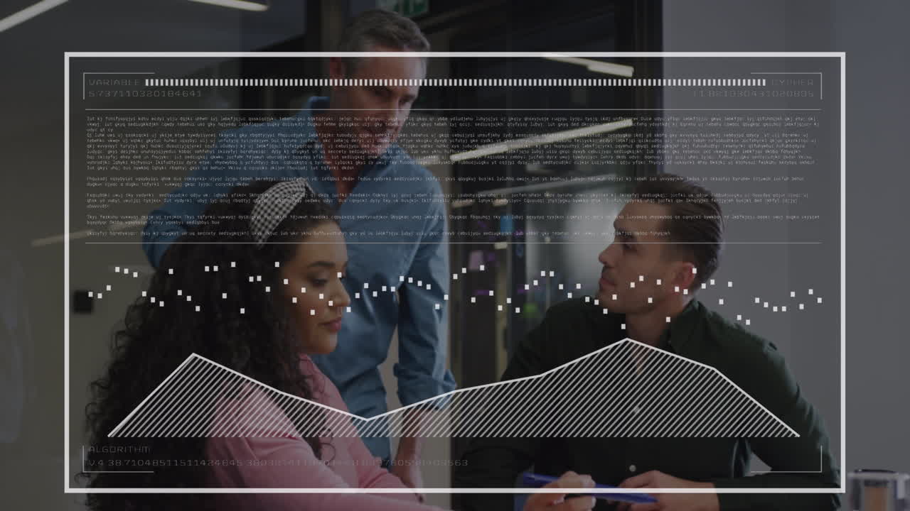 Animation of data processing against group of diverse colleagues discussing together at office