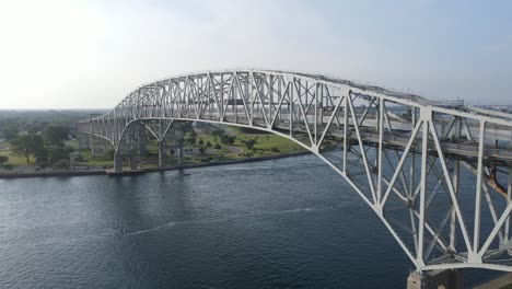 Metal-construction-of-Blue-Water-Bridge,-Port-Huron-Michigan,-USA---over-the-St-Clair-River