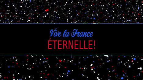 animation of vive la france eternelle text with french flag colours and confetti