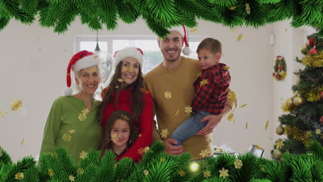 Animación-De-Nieve-Cayendo-Y-Abeto-Sobre-Una-Familia-Caucásica-Con-Gorros-De-Papá-Noel