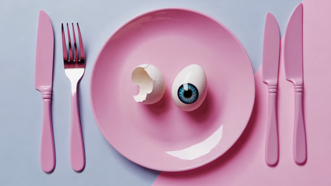 Surreal Eye in Egg on Pink Plate with Cutlery