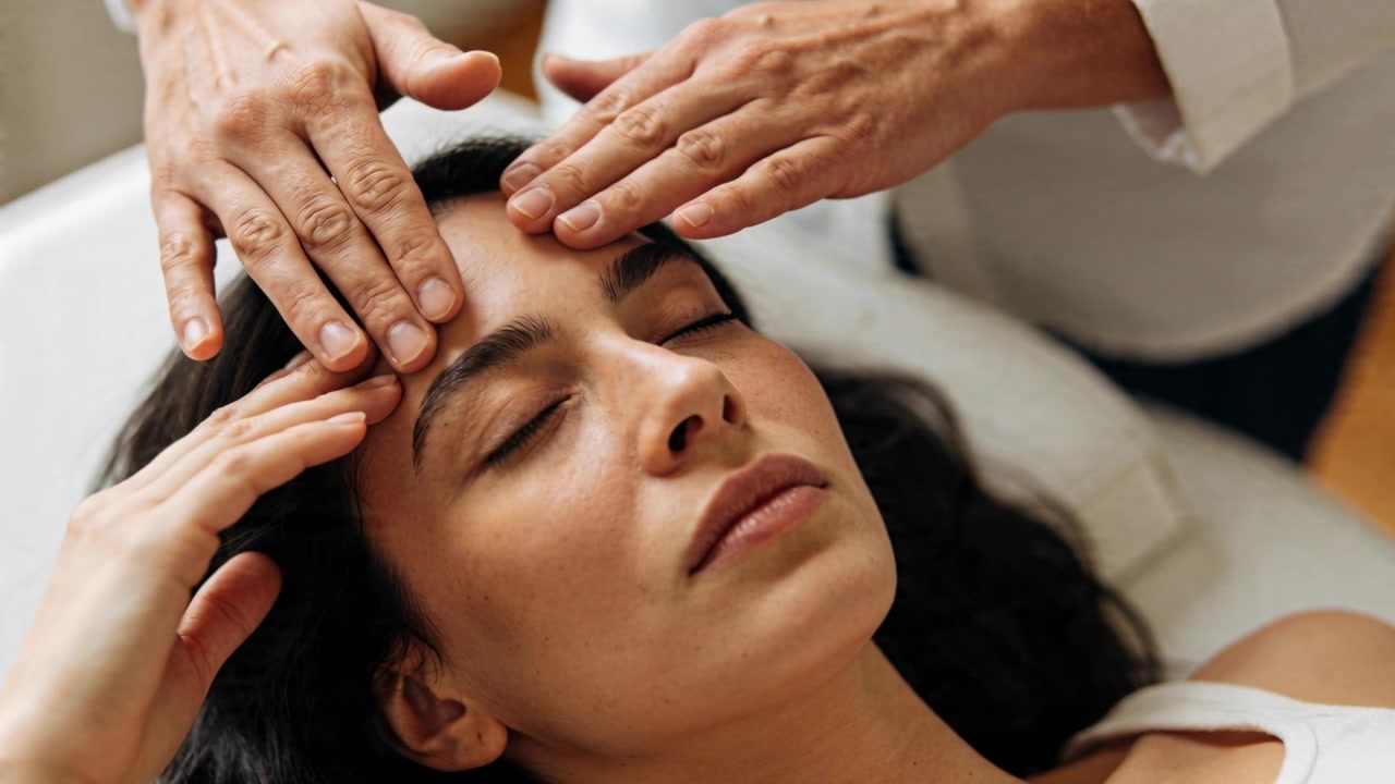 Manos de terapeuta acercándose, presionando y deslizando sobre la frente del cliente en una camilla de spa para relajar, con mangas blancas.
