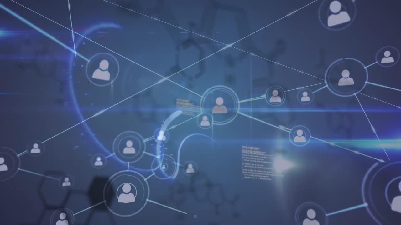 animación de rastros luminosos y procesamiento de datos a través de una red de conexiones sobre fondo negro