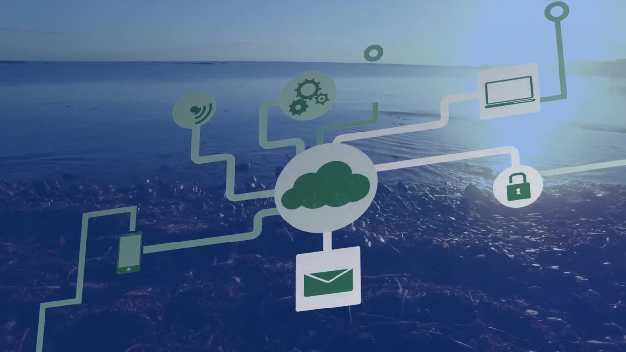 해가 지는 도시 풍경과 해양 풍경 위의 기술 아이콘의 애니메이션