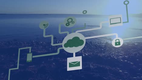 Animation of technology icons over cityscape and seascape at sunset