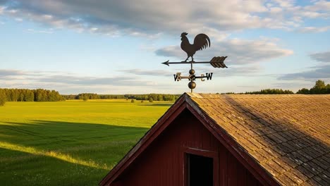 A picturesque view of a rustic weather vane featuring a rooster perched on a charming red barn amid expansive green fields under a serene sky
