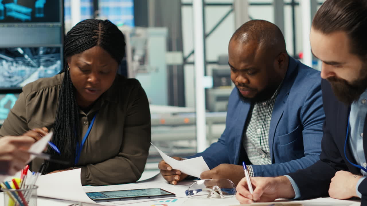 Industrial Plant Management Looking Over Paperwork And Schematics