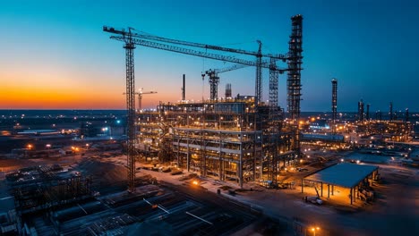 oil refinery construction at sunset