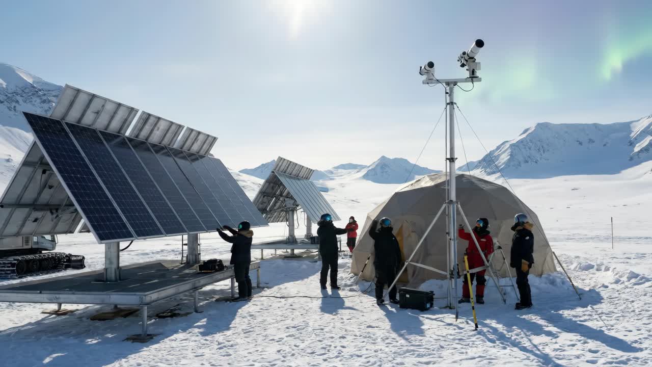 Scientists Working at a Remote Arctic Research Station with Solar Panels