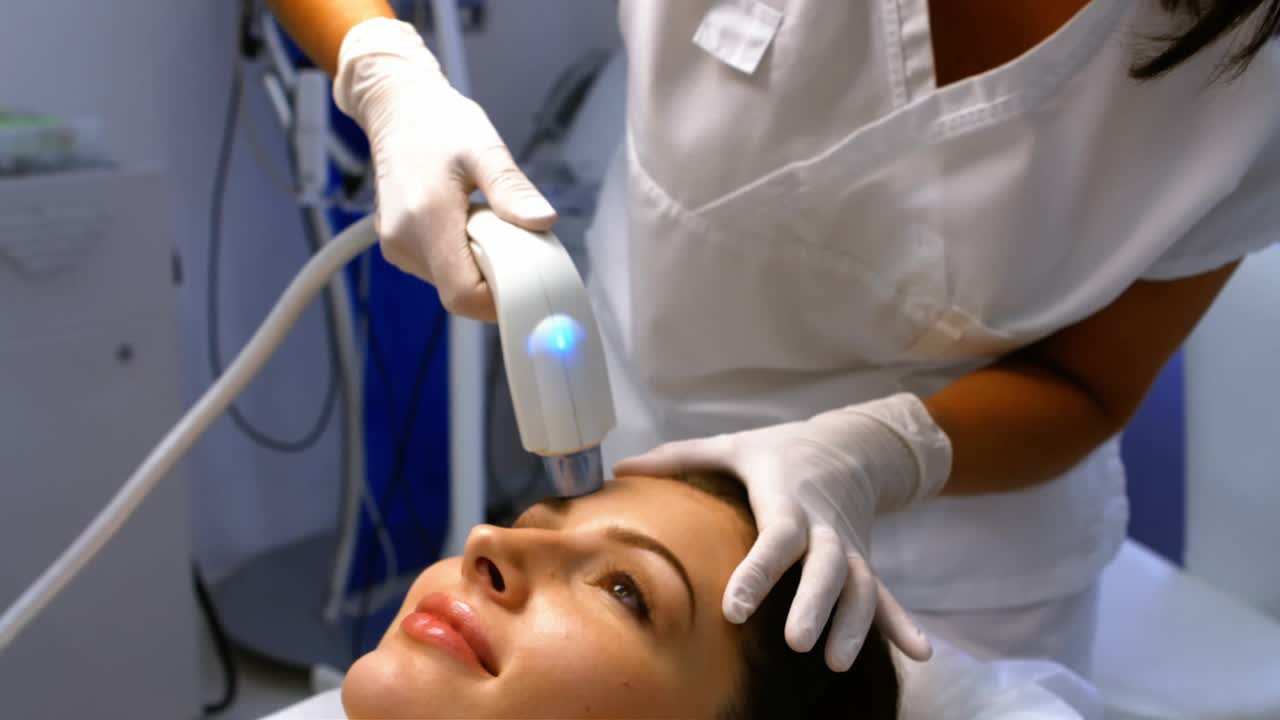 Clinician activating blue LED device and gliding applicator on client ...