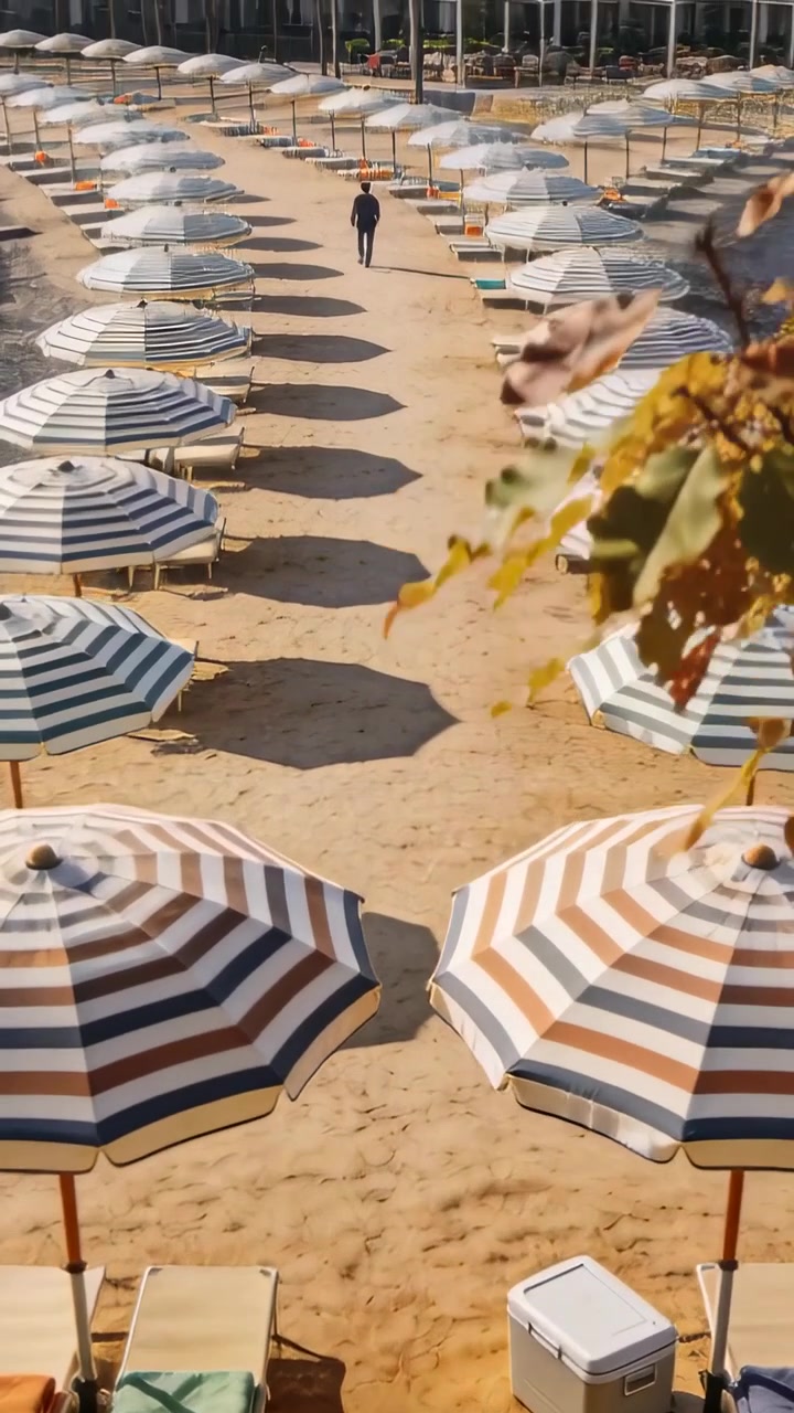 Video verticale: Partendo dall'estremità più lontana, un uomo vestito di scuro cammina su un sentiero sulla spiaggia accanto a ombrelloni a strisce e una borsa frigo