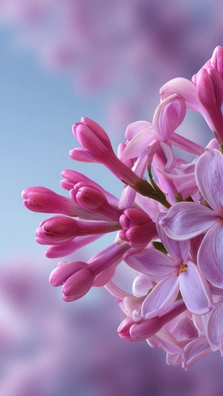 Potret Dekat Indah Bunga Lilac yang Mekar Menampilkan Kelopak Halus dan Nuansa Merah Muda Lembut dengan Latar Belakang Biru Muda untuk Estetika Musim Semi