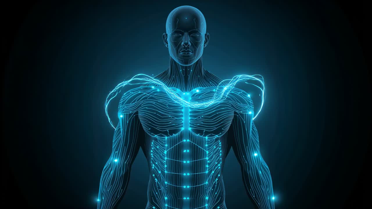 Intensifying light, male hologram pulsing cyan nodal lights across shoulders streaming right signal