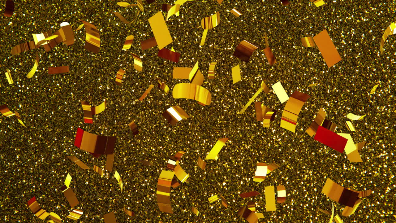 Animation of gold confetti falling over glowing background
