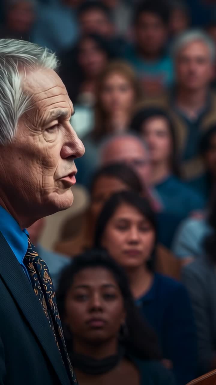 Vertical video: Beginning senior speaker presenting in suit and tie to rows in hall, copy space