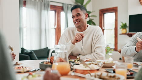 Man,-laughing-or-talking-family-with-food-in-house