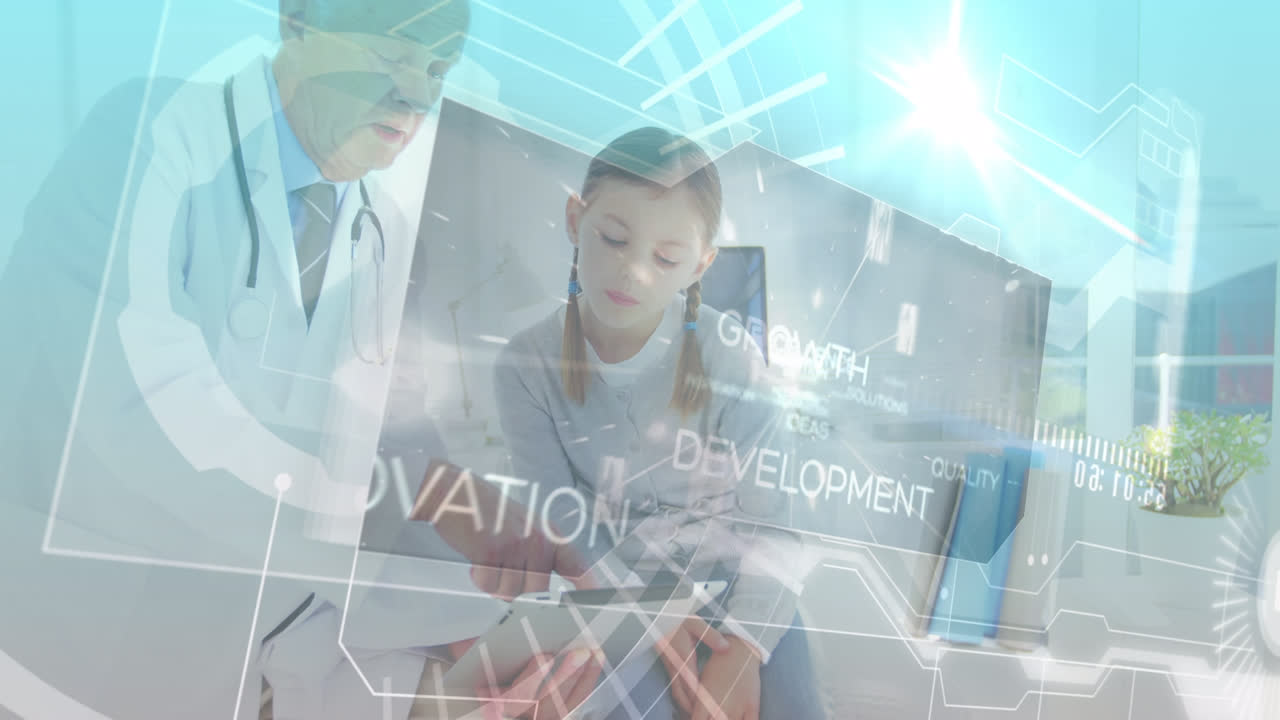 태블릿을 사용하는 백인 남성 의사에 대한 과학 데이터 처리의 애니메이션