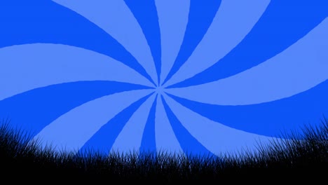 Animation-of-grass-over-rotating-striped-blue-background