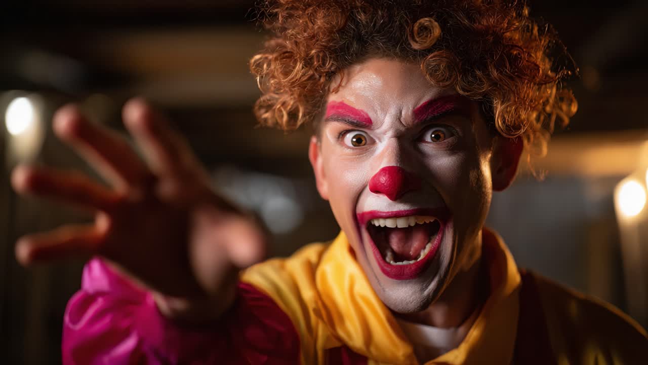 A Joyful Clown with Expressive Features, Engaging in Playful Antics, Evoking Laughter and Excitement Through Colorful Makeup and Animated Gestures in an Enchanting Atmosphere