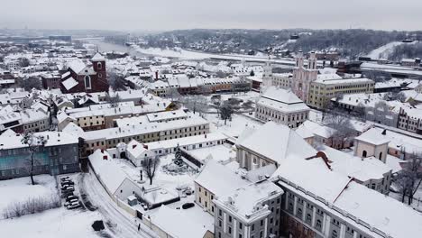 Aerial-shot-of-Kaunas-city-center-skyline-in-winter-season