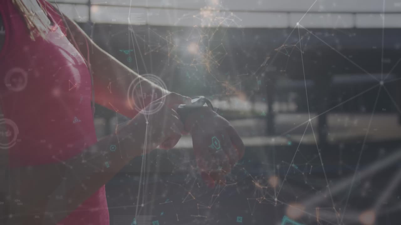 숫자의 애니메이션, 점을 연결하는 네트워크 라인, 스마트워치의 카우카시안 러너 설정 타이머