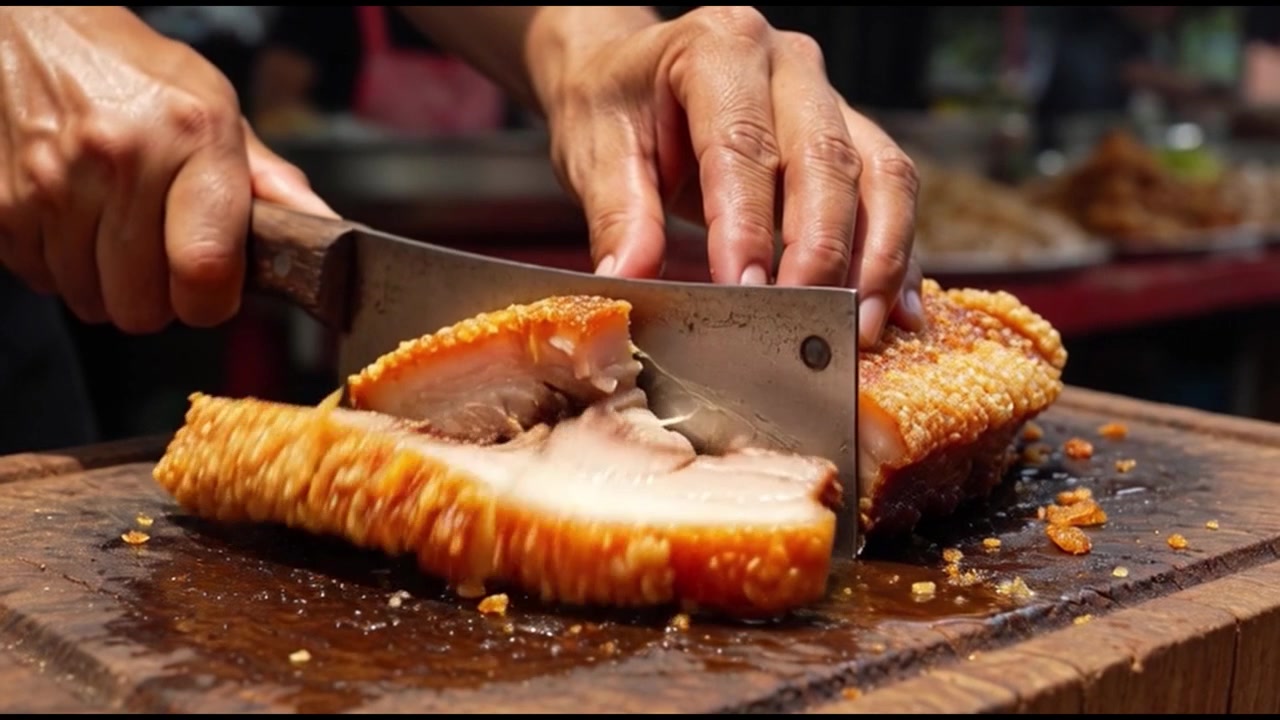 Chef che affetta pancetta di maiale arrosto croccante su tagliere di legno