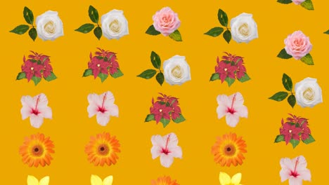 Animation-Von-Blumen,-Die-Sich-In-Hypnotischer-Bewegung-Auf-Orangefarbenem-Hintergrund-Bewegen