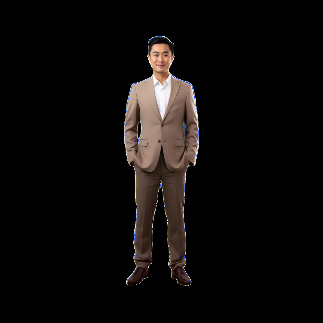 Confident man in beige suit animation isolated asset, transparent 4K video, alpha channel, ProRes