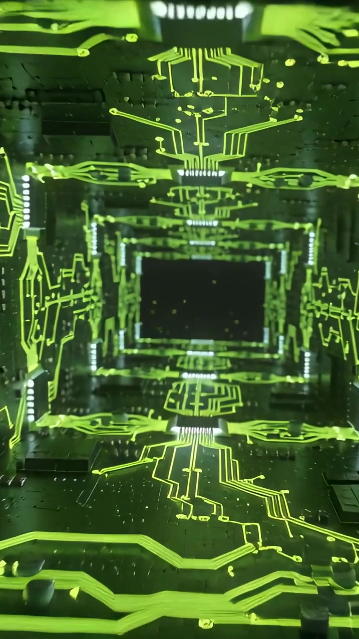 Vertical video: Camera panning, PCB revealing neon traces and vias, creating tunnel effect for tech