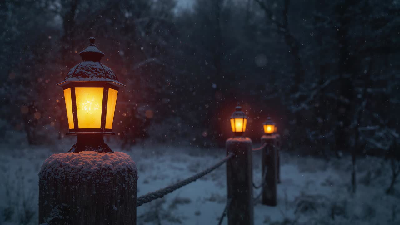 Campo lungo che rivela tre lampioni innevati che brillano di color ambrato, corda che guida la vista verso il bosco