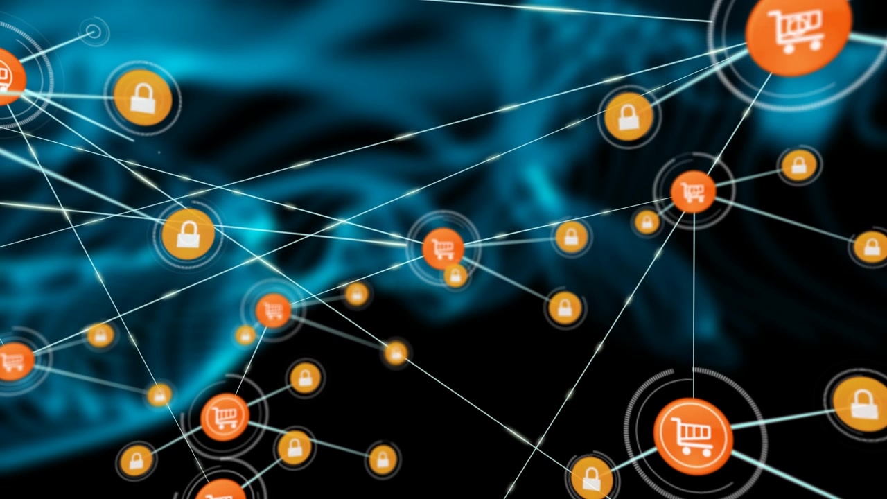 Animazione di una rete di connessioni con icone su forme su sfondo nero