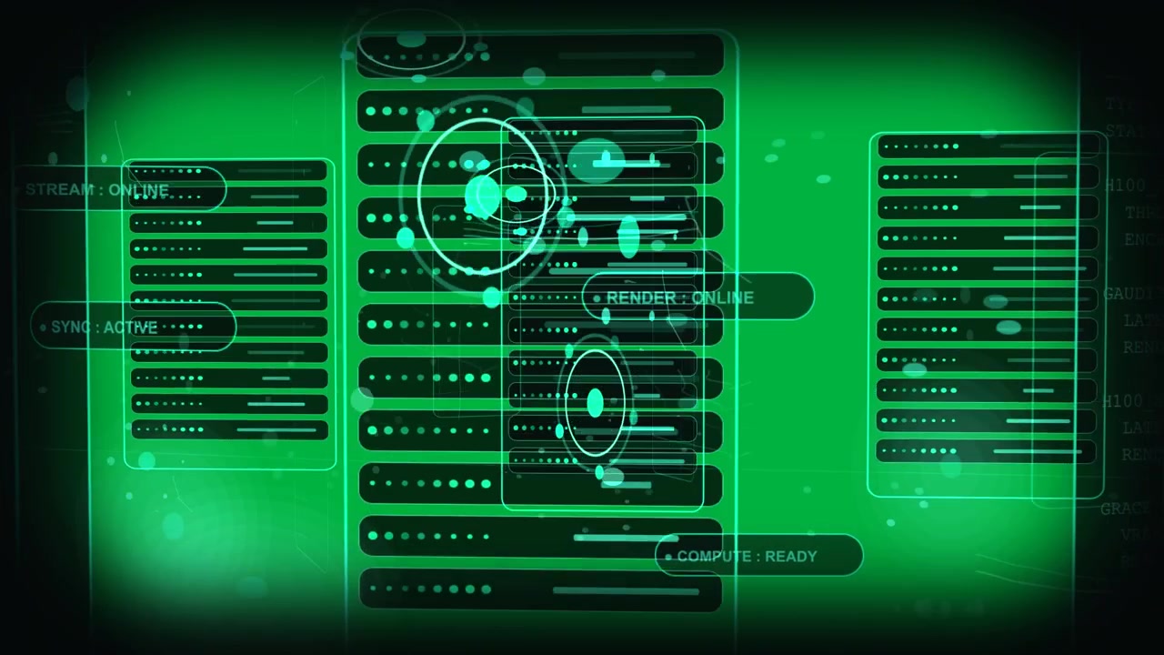 HUD being animated by teal orbs, panels pulsing and shifting to show status, transparent background