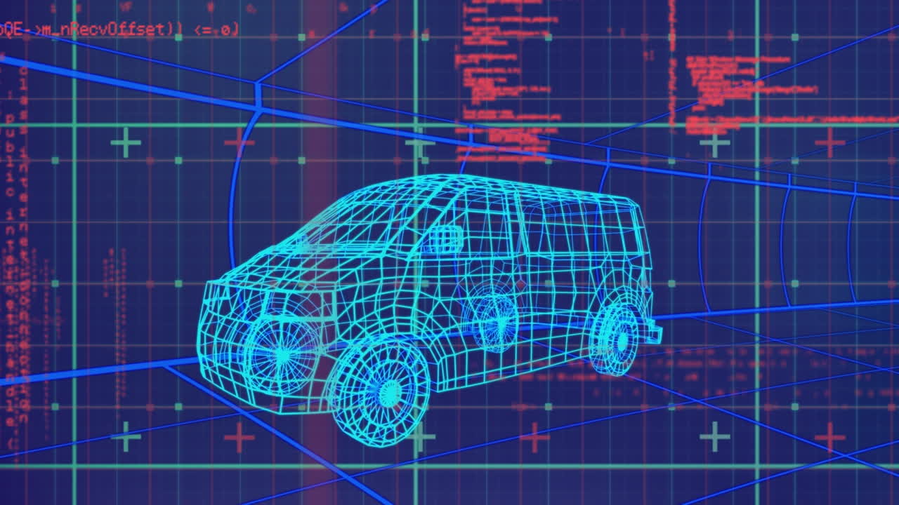 3d 자동차 모델에 대한 gird 네트워크를 통해 vhs 기밀 효과 및 데이터 처리의 애니메이션