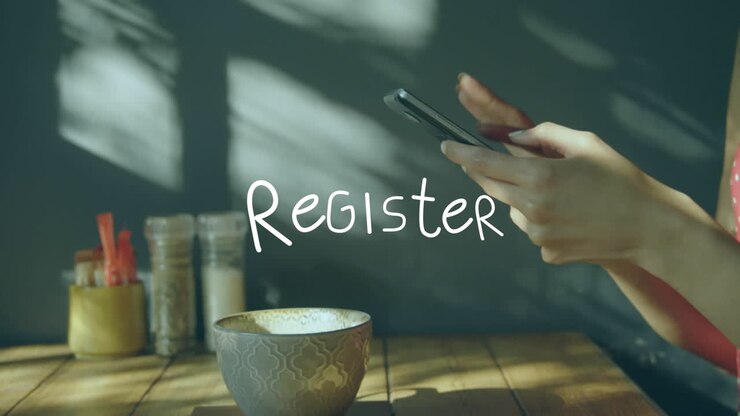 Animation of register text over caucasian woman using smartphone