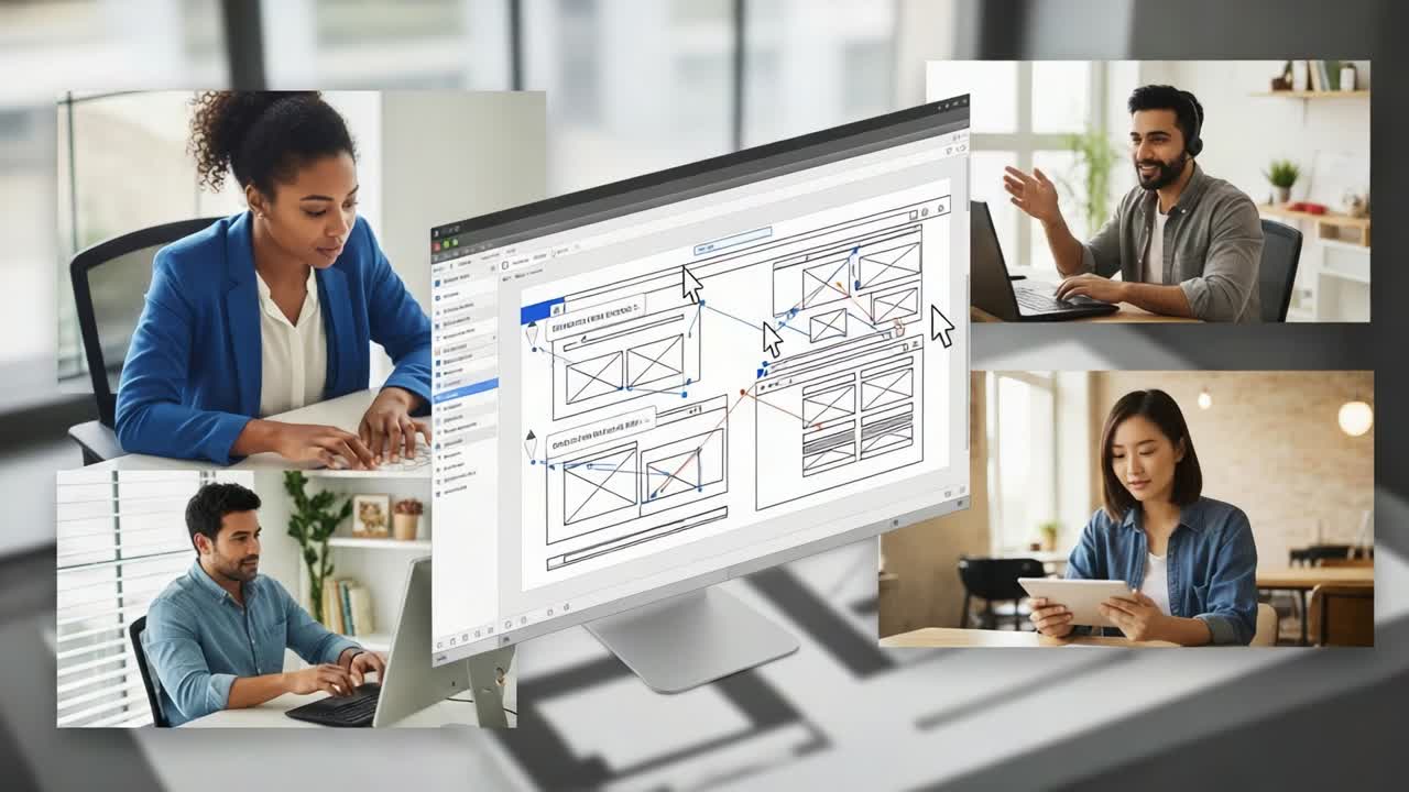 A diverse group of professionals engage in collaborative design work, displayed through interactive wireframing software on their computer while communicating ideas and sharing insights in a modern workspace setting