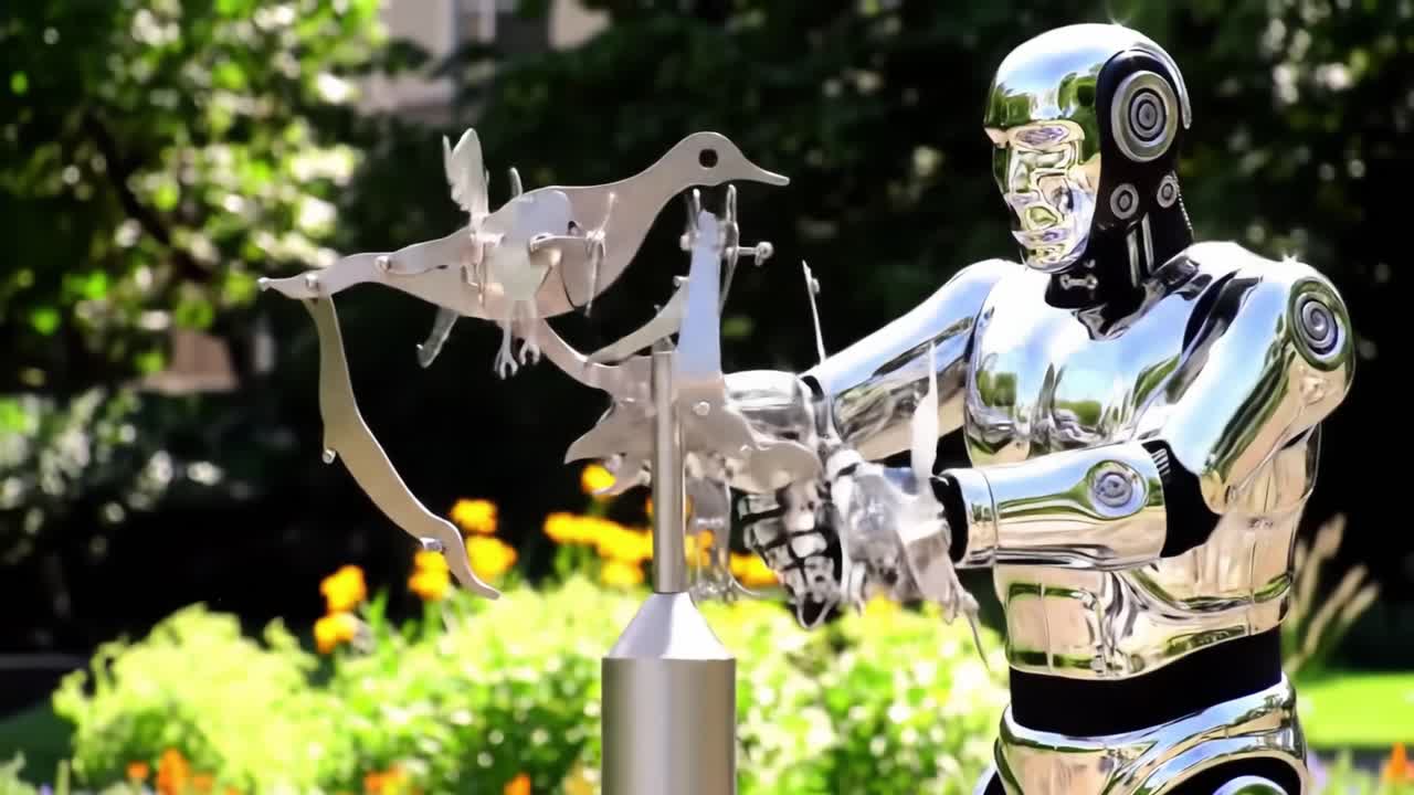 In a vibrant city park, a shiny robot expertly manipulates a kinetic sculpture of birds.