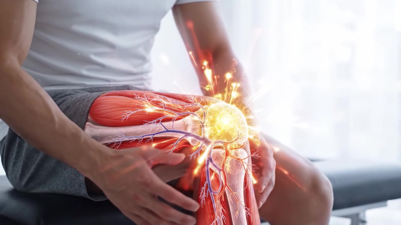 Anatomisk udforskning af knæleddet: En detaljeret visualisering af muskulære og vaskulære strukturer i menneskelig anatomi gennem interaktiv repræsentation.