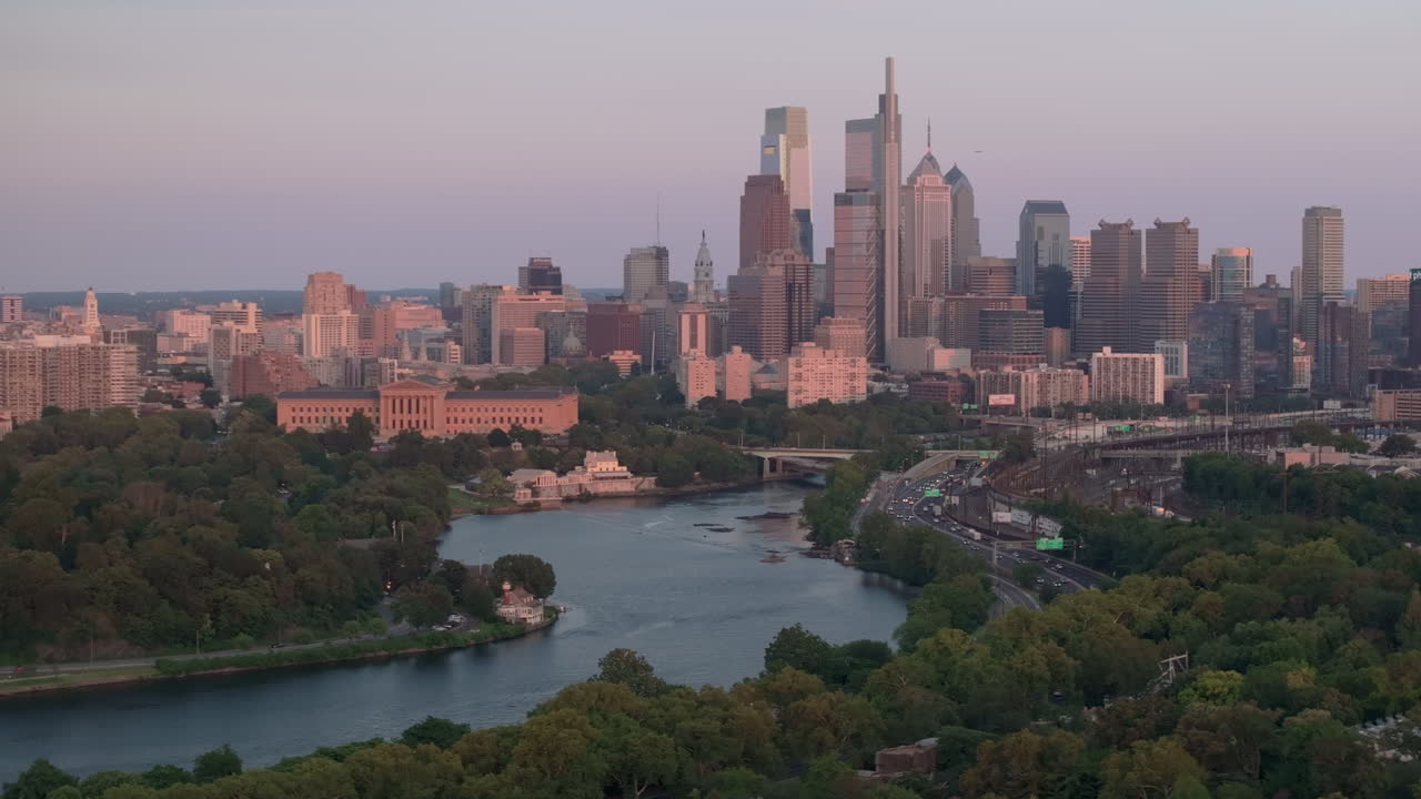 Aerial view of Downtown Philadelphia at dusk. Shot on a summer evening