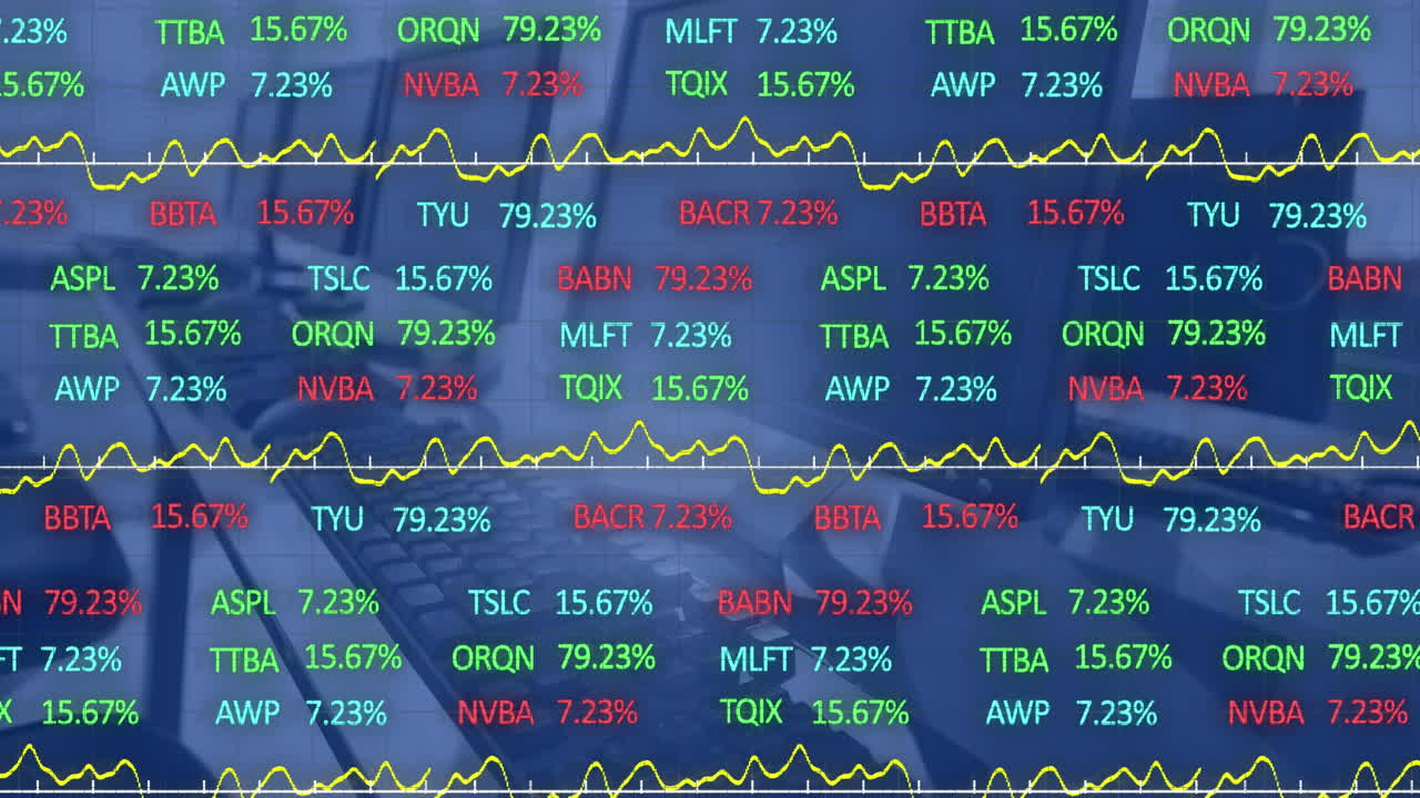 사무실 책상에 있는 컴퓨터에 대한 증권 시장 데이터 처리의 애니메이션