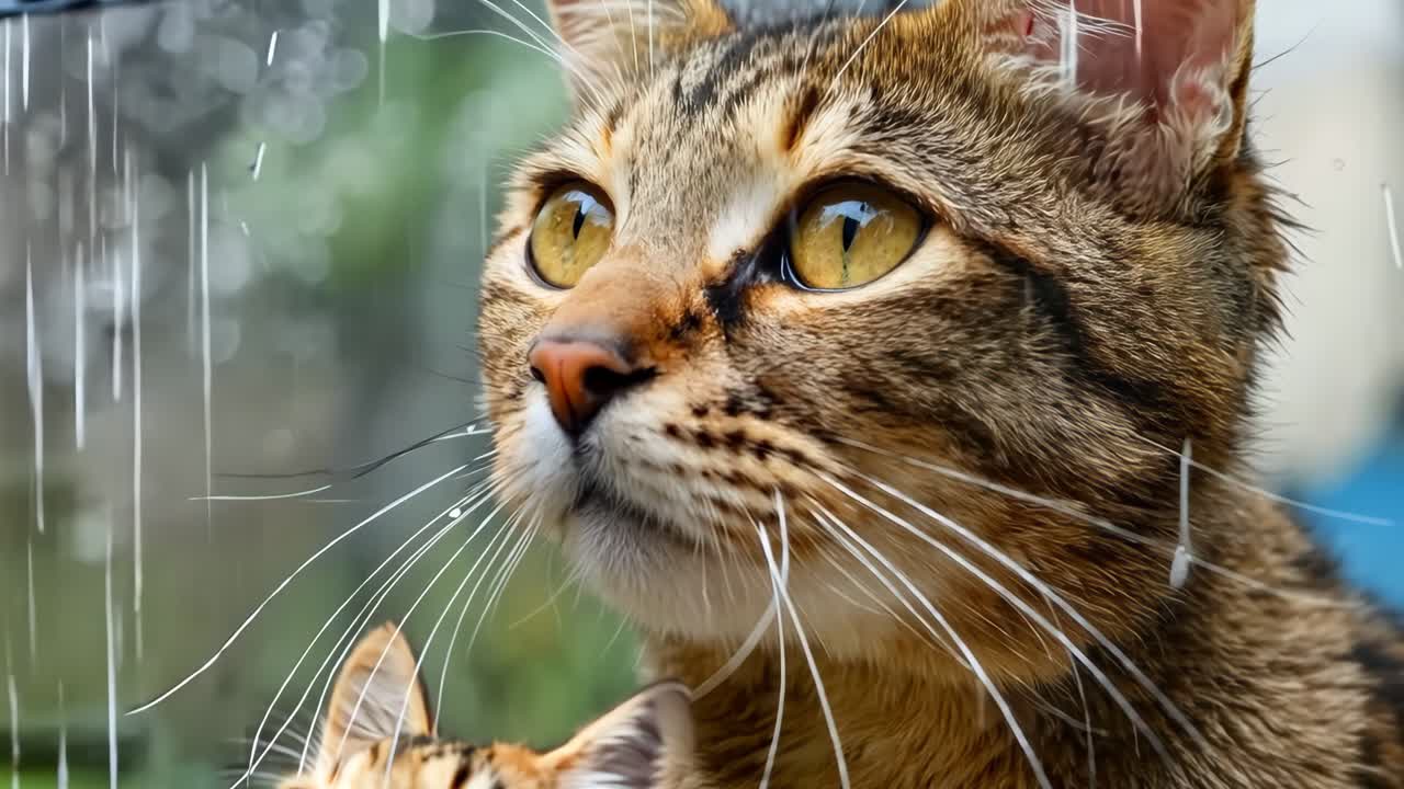 un gato y dos gatitos bajo un paraguas en la lluvia