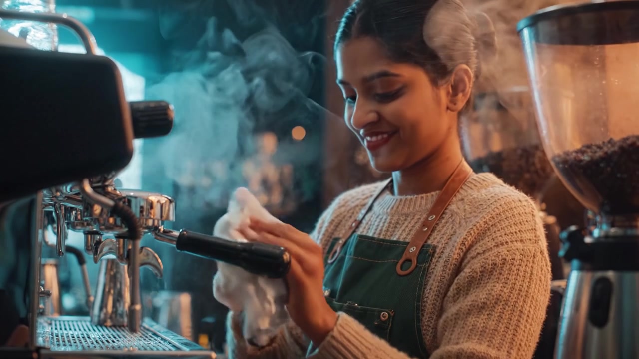Barista concentrato che prepara il caffè in un caffè accogliente, pulendo con cura la macchina da caffè espresso mentre si gode il processo e l'ambiente circostante in un'atmosfera calda