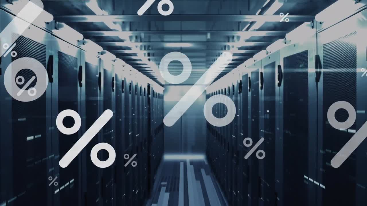 Animazione di simboli percentuali e barre che cadono con una sala server sullo sfondo.