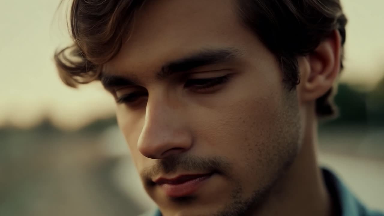 retrato de un joven con una expresión seria mirando hacia abajo