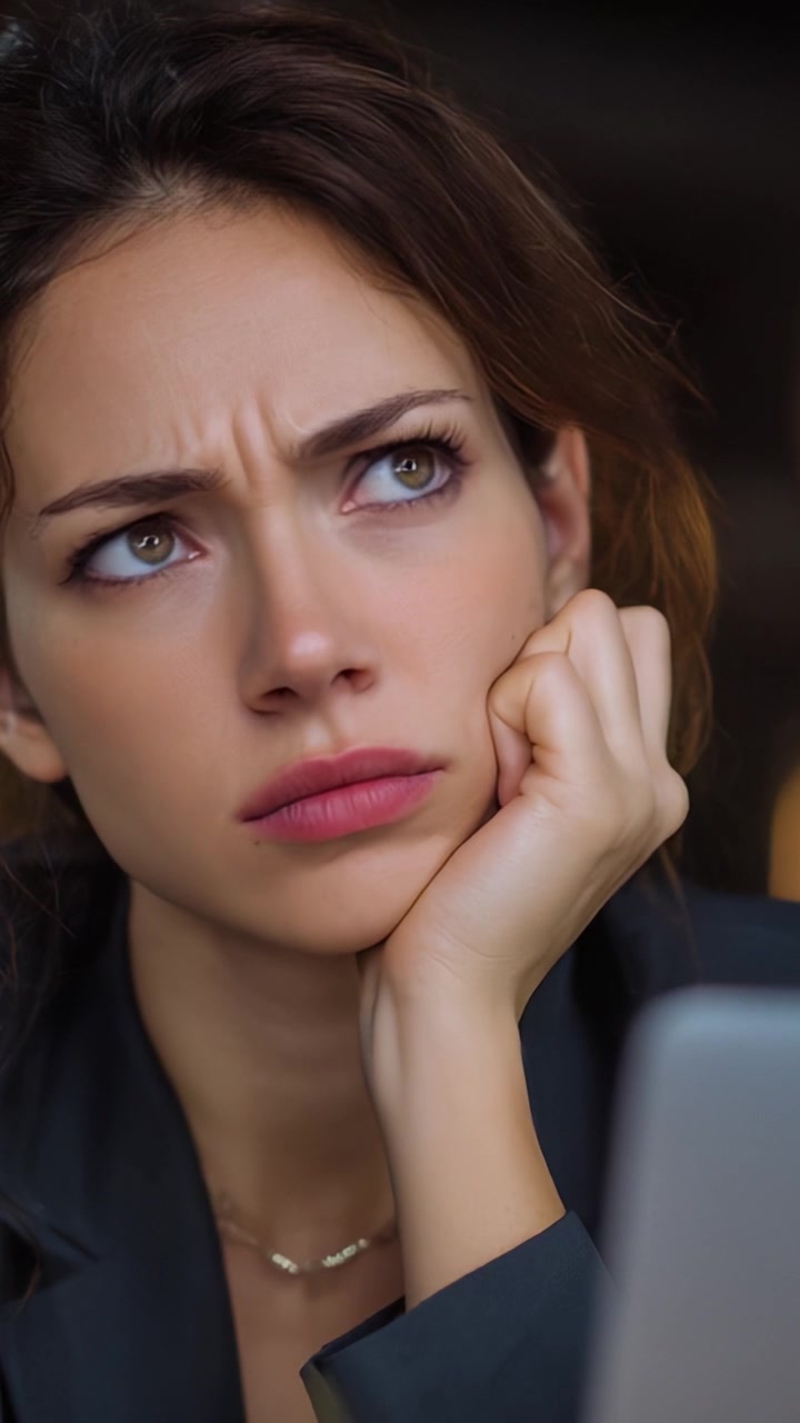 Una giovane donna con un'espressione pensierosa riflette sui suoi pensieri mentre lavora al computer, mostrando contemplazione e preoccupazione per un compito in corso.
