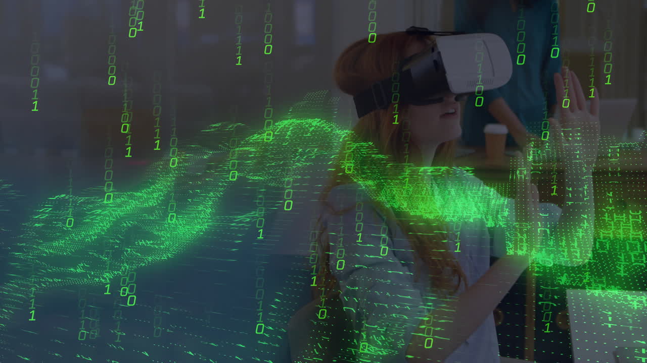 Žena s VR headsetem natahuje ruku v technologickém centru, kolega drží šálek kávy, vznášející se datové vlny.