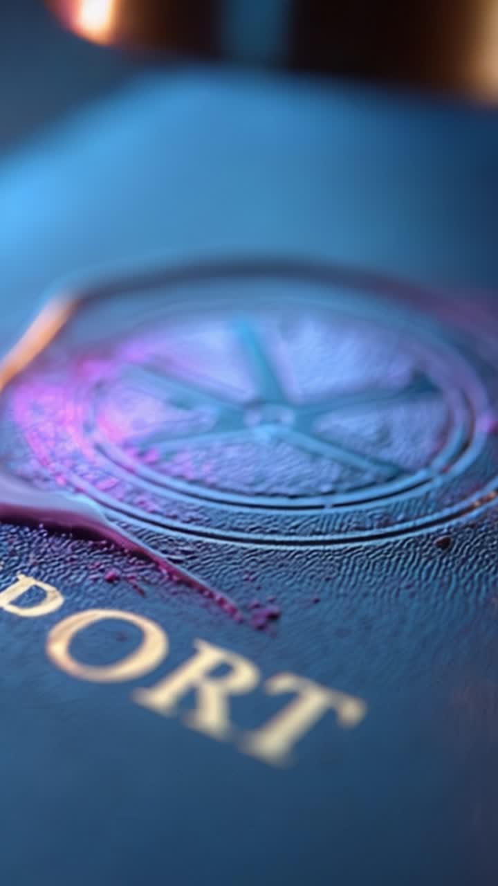 Artistic Close-Up of a Sealing Wax Stamp on a Leather Bound Document, Showcasing Intricate Details and Vibrant Colors in a Captivating Composition