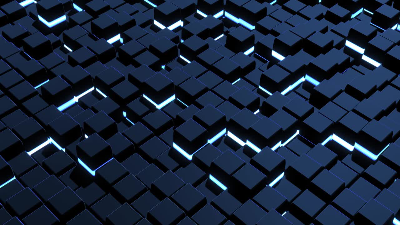 4k abstract looped dark background waves of cubes on plane, neon lights. Grid of cubes like blue neon bulbs. VJ cyberpunk neon style bg for event, presentation. Classic simple motion design backdrop